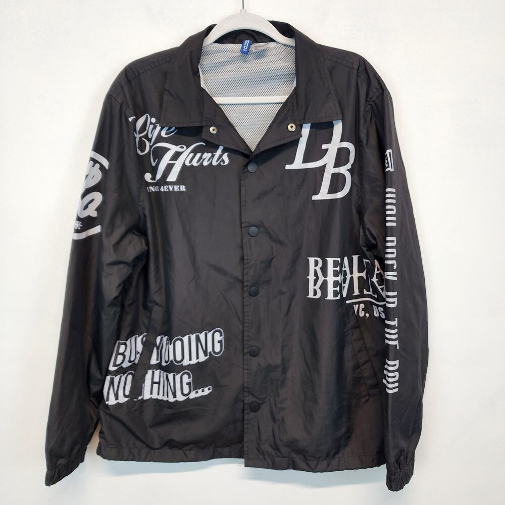 H&M Mens Graphic Windbreaker Jacket Size M Black Urban Grafitti  Life Hurts